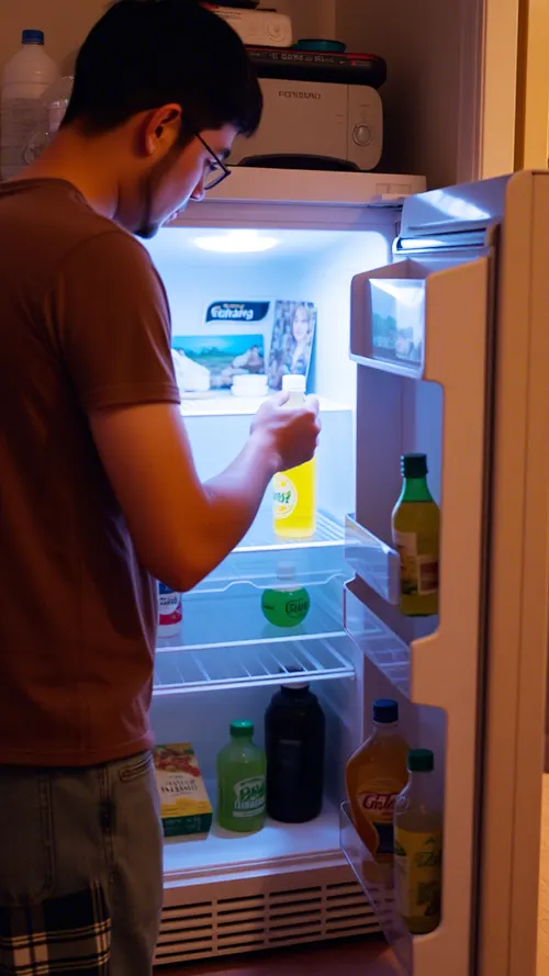 ผู้ชายเปิดตู้เย็น 1 ประตู เพื่อหาน้ำเย็นๆ ดื่ม